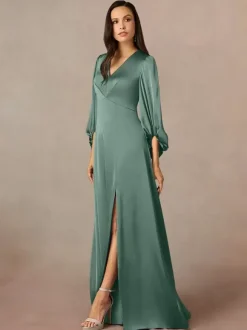 Mother Dress V-Neck 3/4 Length Sleeves A-Line Pleated Floor-Length Wedding Guest Dresses