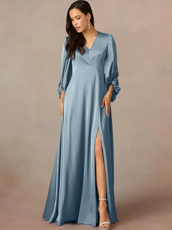 Mother Dress V-Neck 3/4 Length Sleeves A-Line Pleated Floor-Length Wedding Guest Dresses