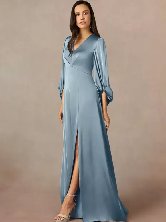 Mother Dress V-Neck 3/4 Length Sleeves A-Line Pleated Floor-Length Wedding Guest Dresses
