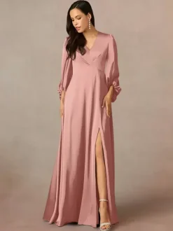 Mother Dress V-Neck 3/4 Length Sleeves A-Line Pleated Floor-Length Wedding Guest Dresses