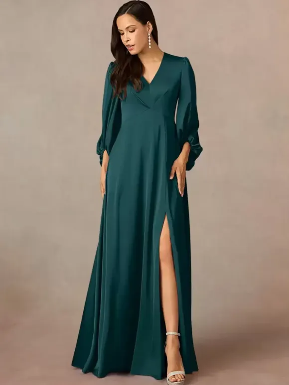Mother Dress V-Neck 3/4 Length Sleeves A-Line Pleated Floor-Length Wedding Guest Dresses