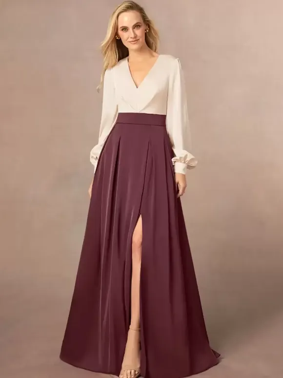 Mother Dress V-Neck Long Sleeves A-Line Split Front Wedding Guest Dresses