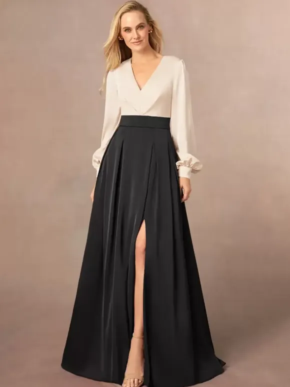 Mother Dress V-Neck Long Sleeves A-Line Split Front Wedding Guest Dresses