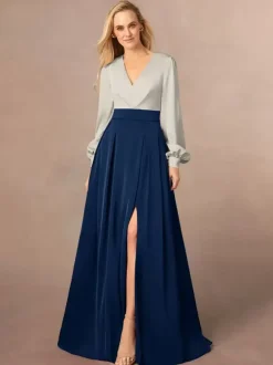 Mother Dress V-Neck Long Sleeves A-Line Split Front Wedding Guest Dresses