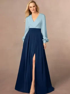 Mother Dress V-Neck Long Sleeves A-Line Split Front Wedding Guest Dresses