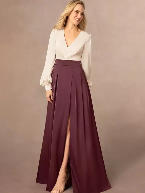 Mother Dress V-Neck Long Sleeves A-Line Split Front Wedding Guest Dresses