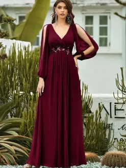 Mother Dress V-Neck Long Sleeves A-Line Applique Wedding Guest Dresses