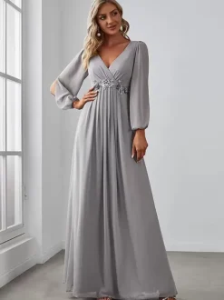 Mother Dress V-Neck Long Sleeves A-Line Applique Wedding Guest Dresses