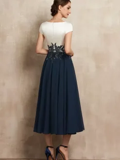 Mother Dress V-Neck Short Sleeves A-Line Lace Tea-Length Guest Dresses For Wedding