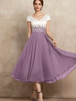 Mother Dress V-Neck Short Sleeves A-Line Lace Tea-Length Guest Dresses For Wedding