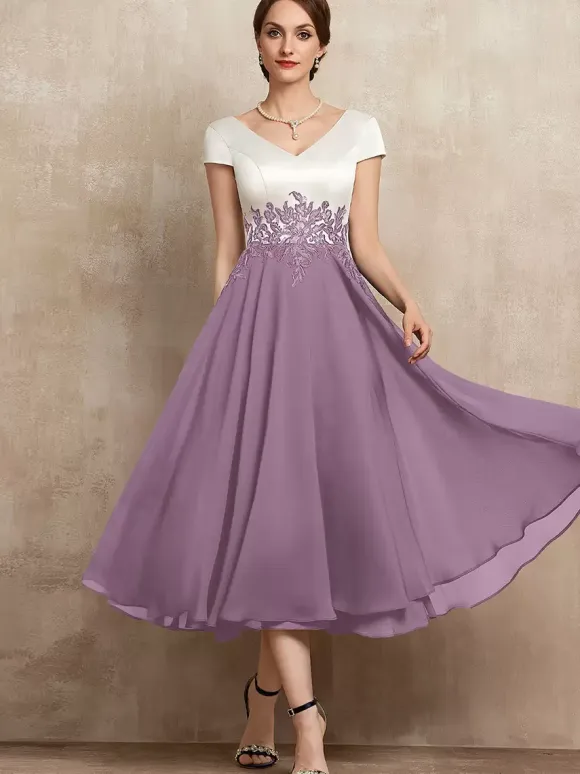 Mother Dress V-Neck Short Sleeves A-Line Lace Tea-Length Guest Dresses For Wedding