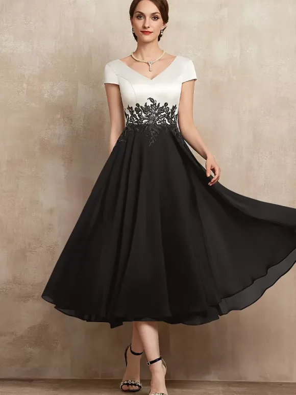 Mother Dress V-Neck Short Sleeves A-Line Lace Tea-Length Guest Dresses For Wedding