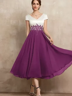 Mother Dress V-Neck Short Sleeves A-Line Lace Tea-Length Guest Dresses For Wedding