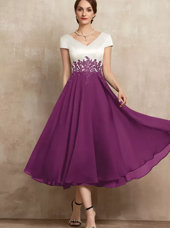 Mother Dress V-Neck Short Sleeves A-Line Lace Tea-Length Guest Dresses For Wedding