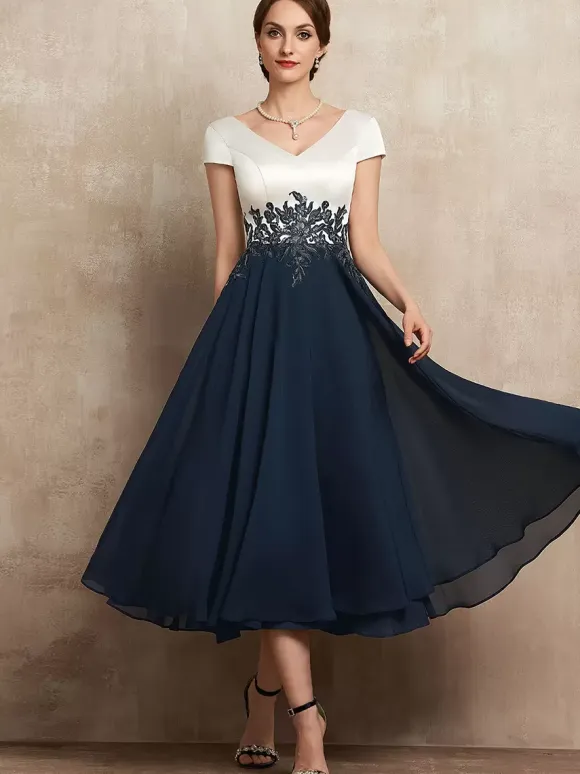 Mother Dress V-Neck Short Sleeves A-Line Lace Tea-Length Guest Dresses For Wedding