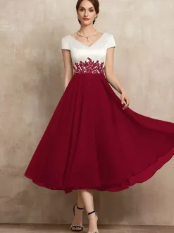 Mother Dress V-Neck Short Sleeves A-Line Lace Tea-Length Guest Dresses For Wedding