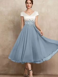 Mother Dress V-Neck Short Sleeves A-Line Lace Tea-Length Guest Dresses For Wedding