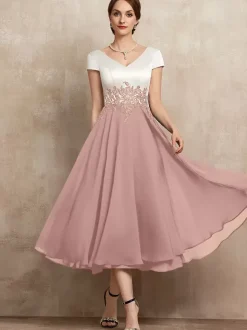 Mother Dress V-Neck Short Sleeves A-Line Lace Tea-Length Guest Dresses For Wedding