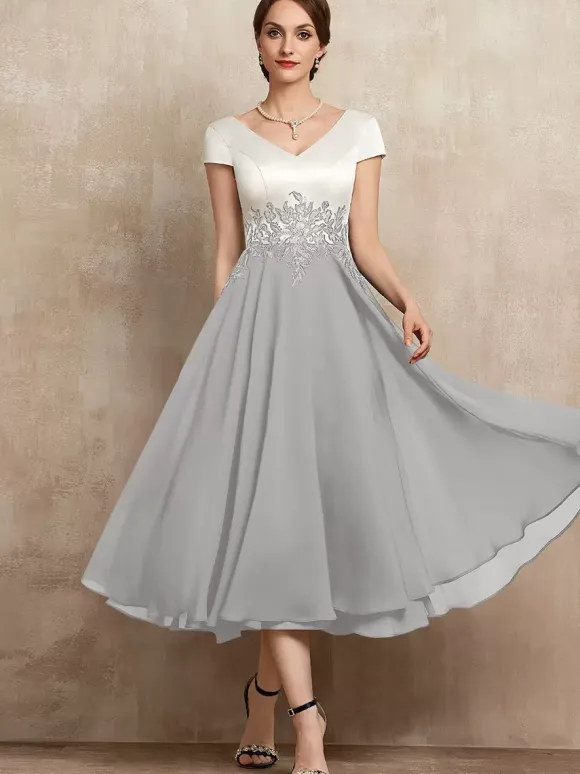 Mother Dress V-Neck Short Sleeves A-Line Lace Tea-Length Guest Dresses For Wedding