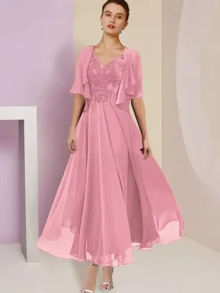 Mother Dress V-Neck Short Sleeves A-Line Lace Tea-Length Wedding Guest Dresses Free Customization