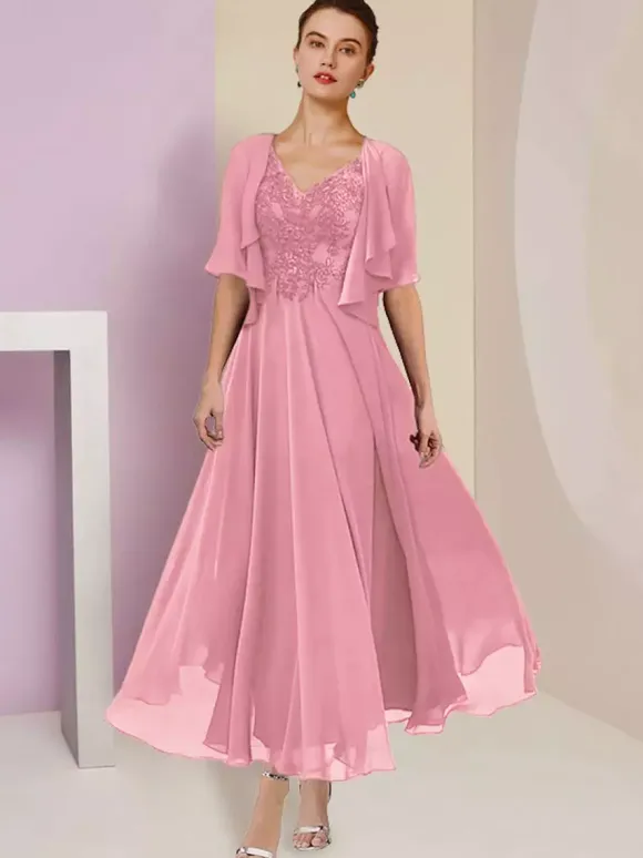 Mother Dress V-Neck Short Sleeves A-Line Lace Tea-Length Wedding Guest Dresses Free Customization