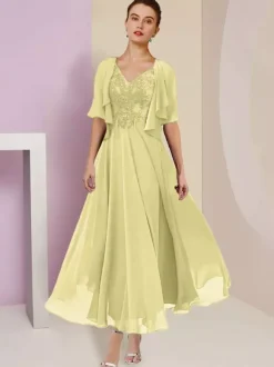 Mother Dress V-Neck Short Sleeves A-Line Lace Tea-Length Wedding Guest Dresses Free Customization