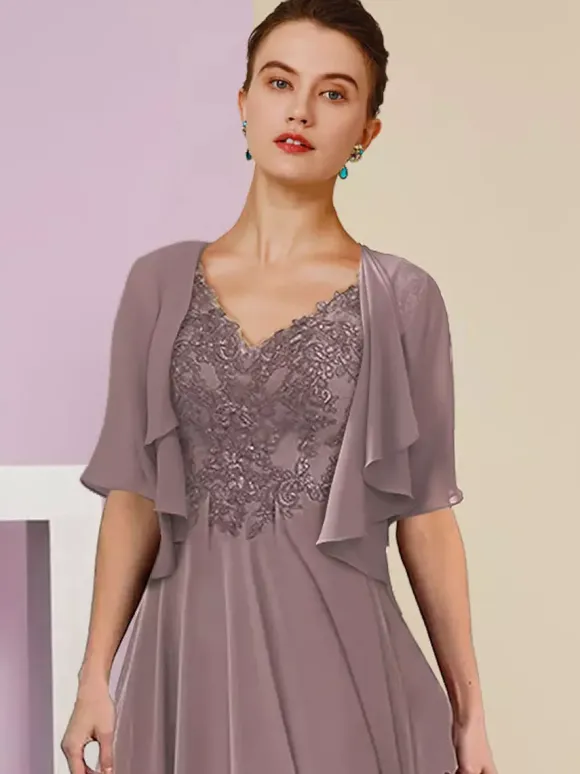 Mother Dress V-Neck Short Sleeves A-Line Lace Tea-Length Wedding Guest Dresses Free Customization