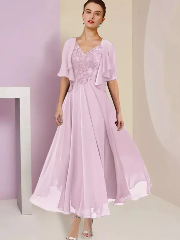 Mother Dress V-Neck Short Sleeves A-Line Lace Tea-Length Wedding Guest Dresses Free Customization