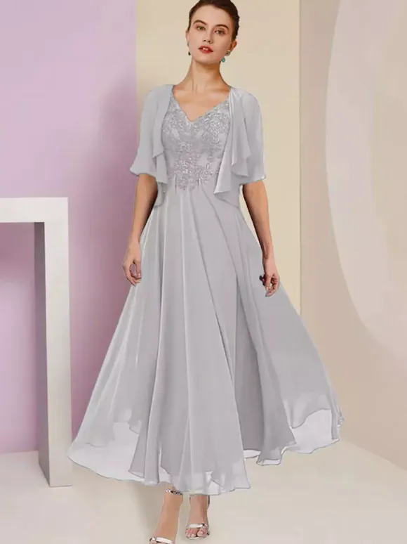 Mother Dress V-Neck Short Sleeves A-Line Lace Tea-Length Wedding Guest Dresses Free Customization