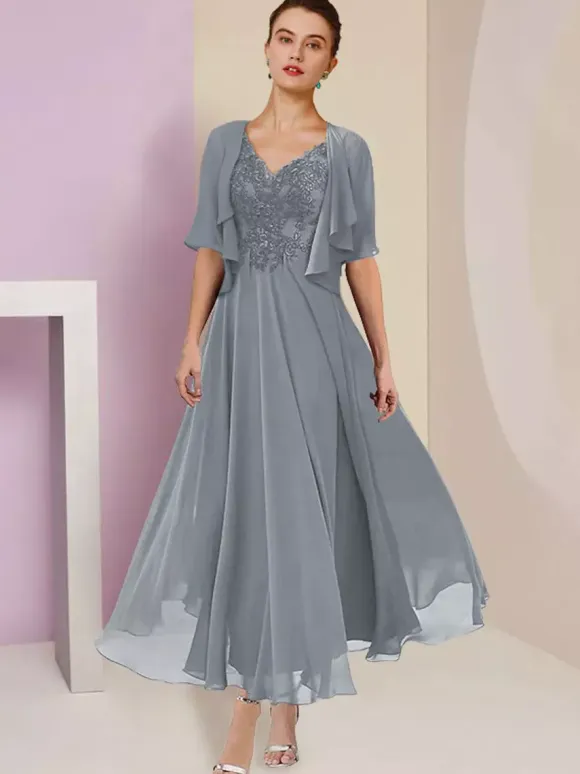 Mother Dress V-Neck Short Sleeves A-Line Lace Tea-Length Wedding Guest Dresses Free Customization