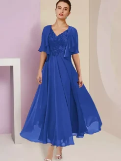 Mother Dress V-Neck Short Sleeves A-Line Lace Tea-Length Wedding Guest Dresses Free Customization