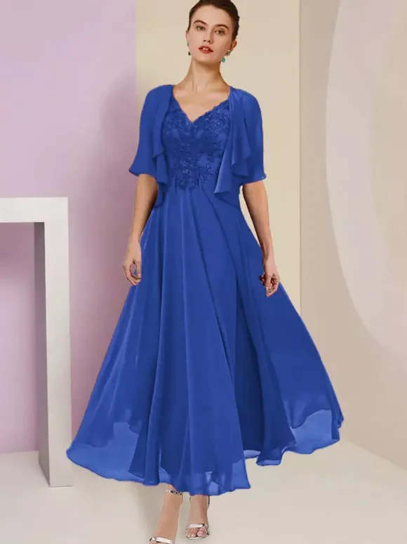 Mother Dress V-Neck Short Sleeves A-Line Lace Tea-Length Wedding Guest Dresses Free Customization