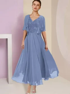 Mother Dress V-Neck Short Sleeves A-Line Lace Tea-Length Wedding Guest Dresses Free Customization