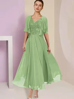 Mother Dress V-Neck Short Sleeves A-Line Lace Tea-Length Wedding Guest Dresses Free Customization