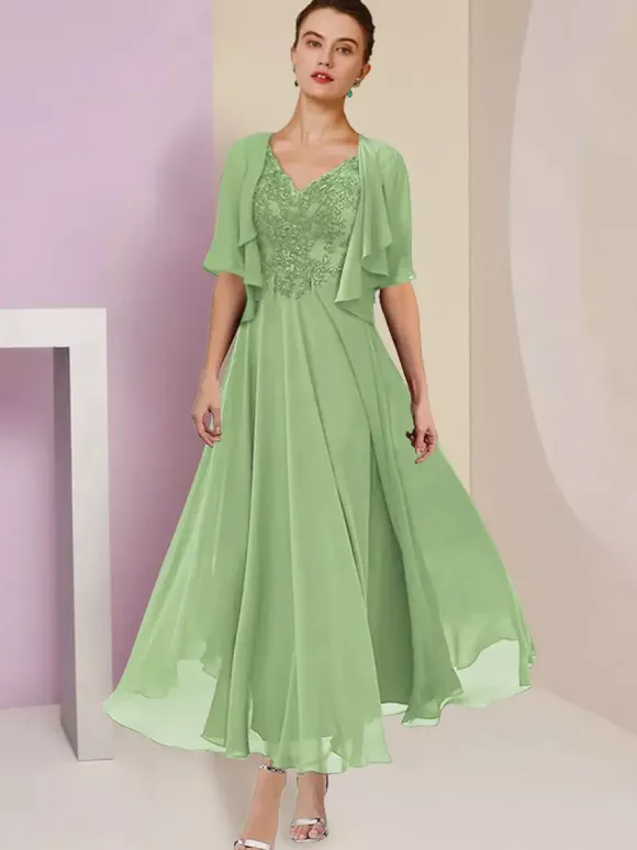 Mother Dress V-Neck Short Sleeves A-Line Lace Tea-Length Wedding Guest Dresses Free Customization