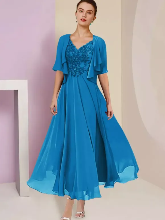 Mother Dress V-Neck Short Sleeves A-Line Lace Tea-Length Wedding Guest Dresses Free Customization
