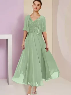 Mother Dress V-Neck Short Sleeves A-Line Lace Tea-Length Wedding Guest Dresses Free Customization