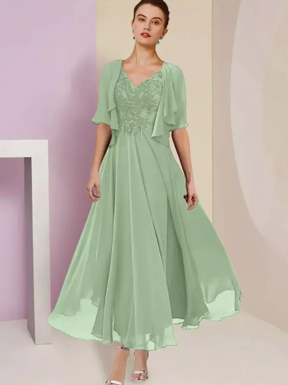 Mother Dress V-Neck Short Sleeves A-Line Lace Tea-Length Wedding Guest Dresses Free Customization