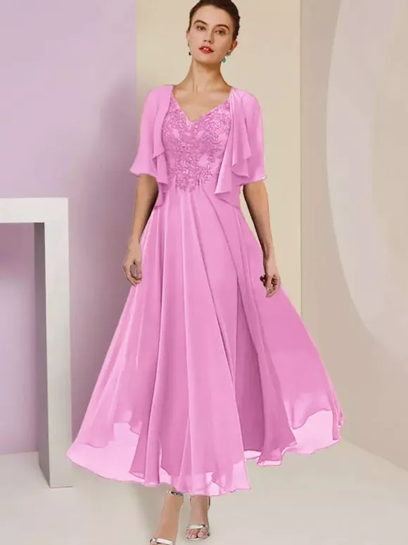Mother Dress V-Neck Short Sleeves A-Line Lace Tea-Length Wedding Guest Dresses Free Customization