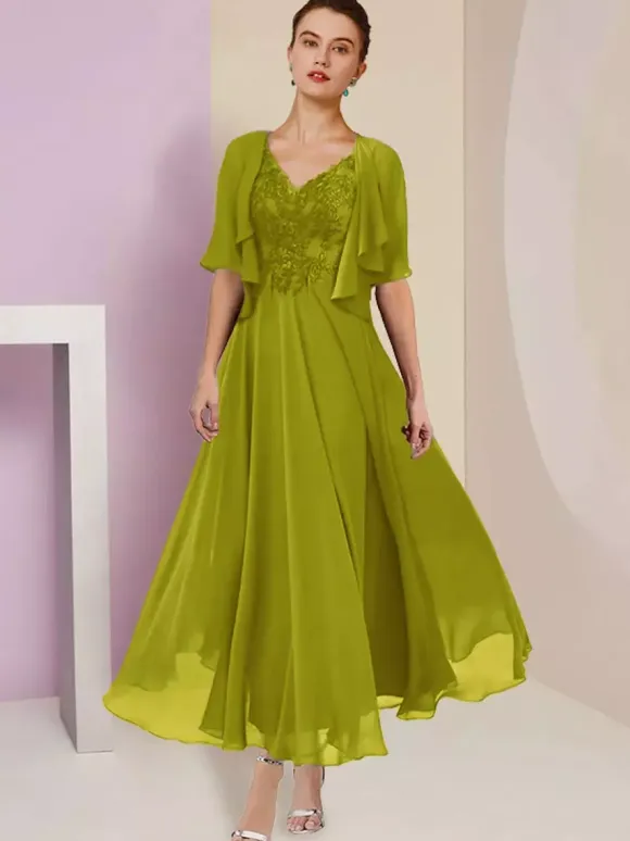 Mother Dress V-Neck Short Sleeves A-Line Lace Tea-Length Wedding Guest Dresses Free Customization
