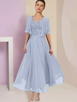Mother Dress V-Neck Short Sleeves A-Line Lace Tea-Length Wedding Guest Dresses Free Customization