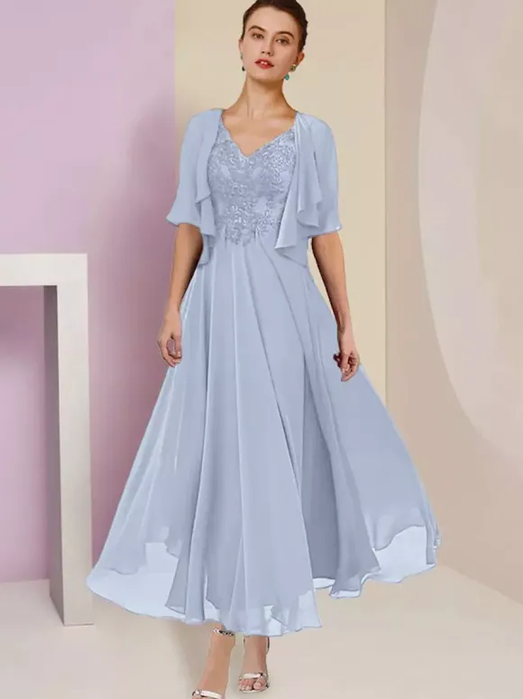 Mother Dress V-Neck Short Sleeves A-Line Lace Tea-Length Wedding Guest Dresses Free Customization