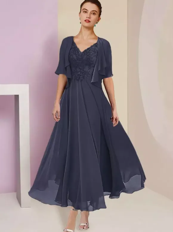 Mother Dress V-Neck Short Sleeves A-Line Lace Tea-Length Wedding Guest Dresses Free Customization