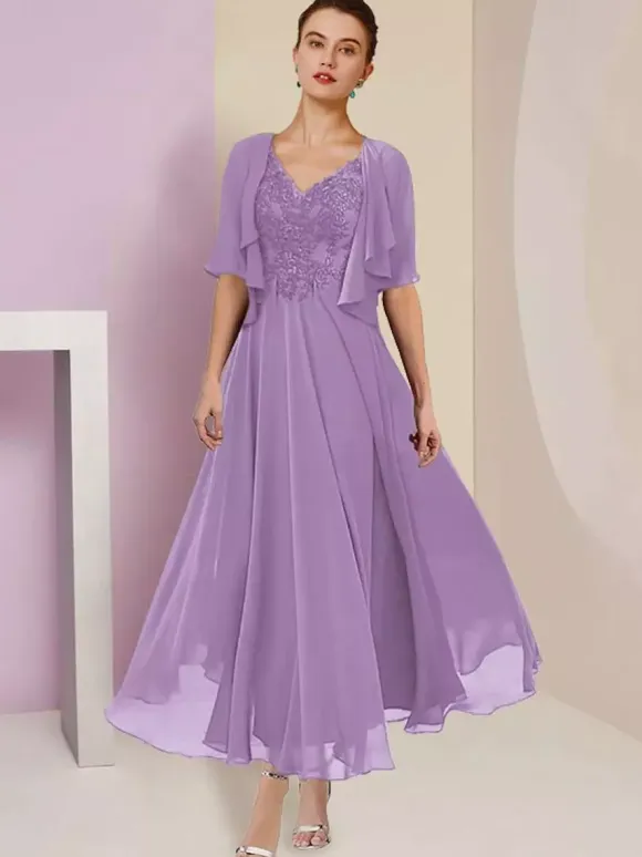 Mother Dress V-Neck Short Sleeves A-Line Lace Tea-Length Wedding Guest Dresses Free Customization