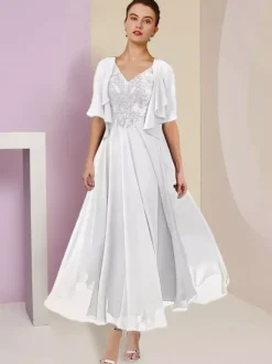 Mother Dress V-Neck Short Sleeves A-Line Lace Tea-Length Wedding Guest Dresses Free Customization