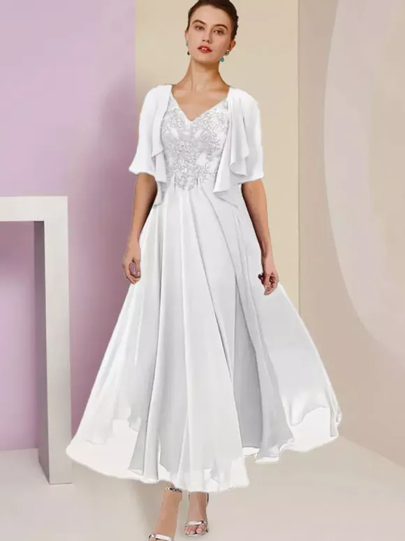 Mother Dress V-Neck Short Sleeves A-Line Lace Tea-Length Wedding Guest Dresses Free Customization