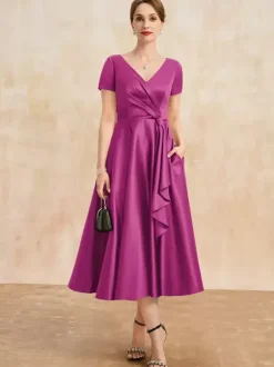 Mother Dress V-Neck Short Sleeves A-Line Pleated Guest Dresses For Wedding
