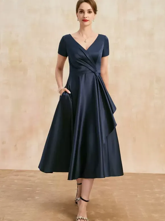 Mother Dress V-Neck Short Sleeves A-Line Pleated Guest Dresses For Wedding