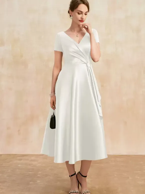 Mother Dress V-Neck Short Sleeves A-Line Pleated Guest Dresses For Wedding