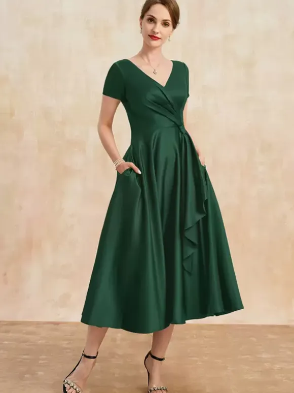 Mother Dress V-Neck Short Sleeves A-Line Pleated Guest Dresses For Wedding